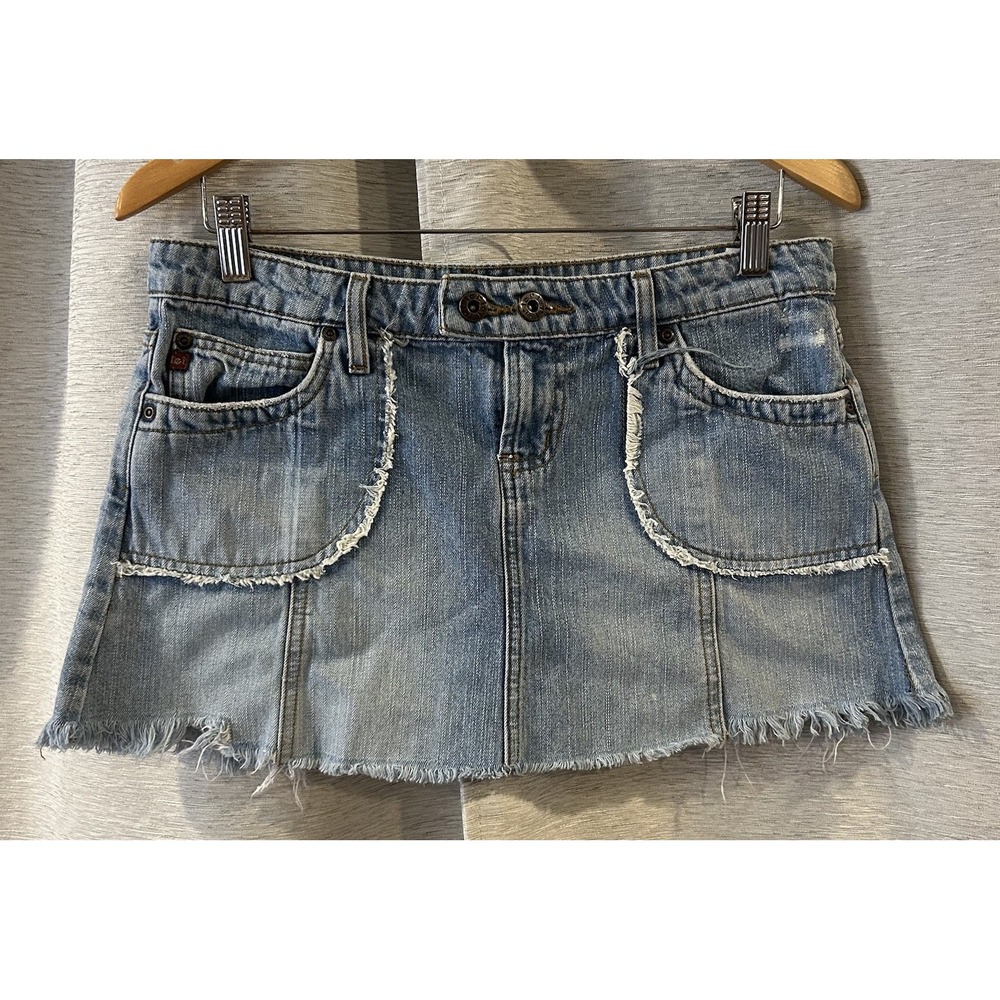 LEI Denim Micro Mini Skirt Women 9 Blue Vintage Raw Hem Embroidered Pocket Y2K